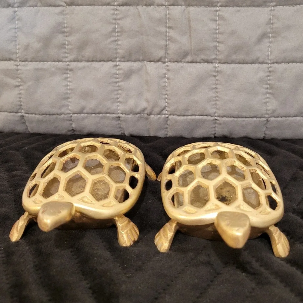 Vintage Brass Turtle Trinket Box Set (2pc) Honeycomb Lattice Shell Potpourri Fun